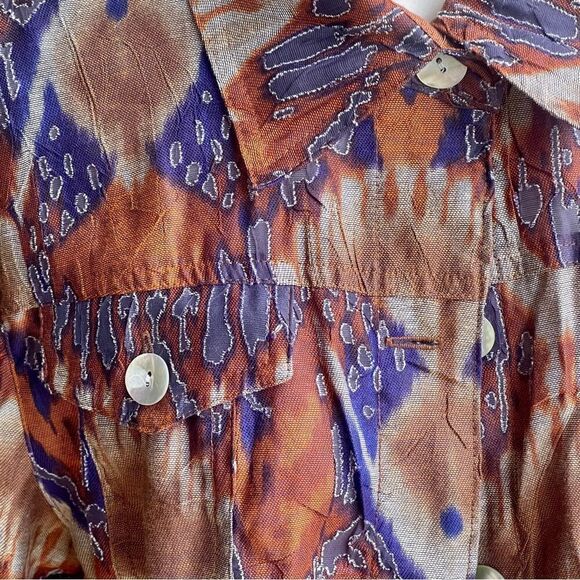 Ruby Rd Mesh Cutout Feather Ikat  Shell Button Flap Pocket Tab Sleeve Blouse - Picture 13 of 16